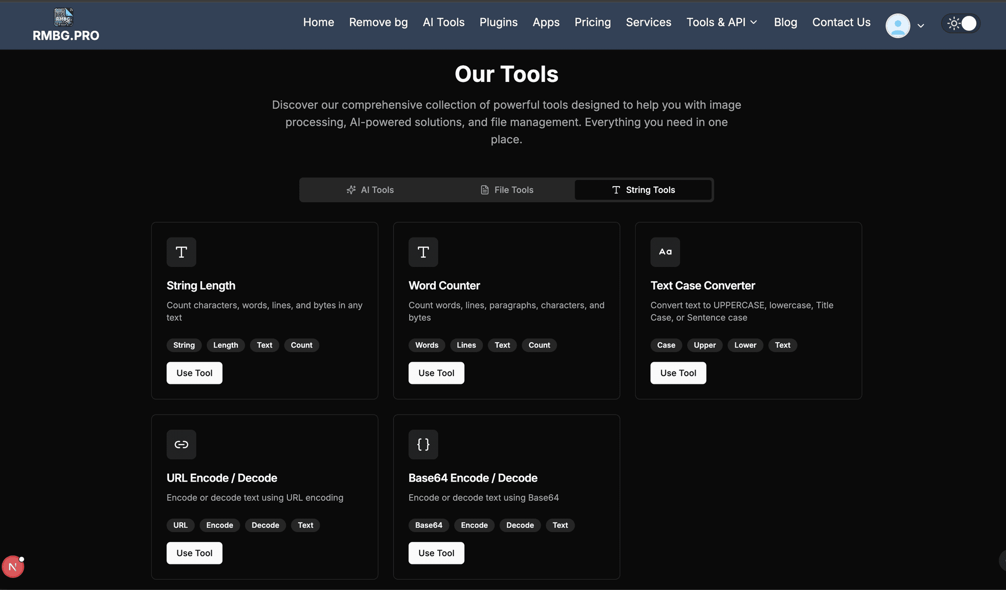 String Tools by RMBG.PRO: Length, Word Count, Case, URL Encode, Base64