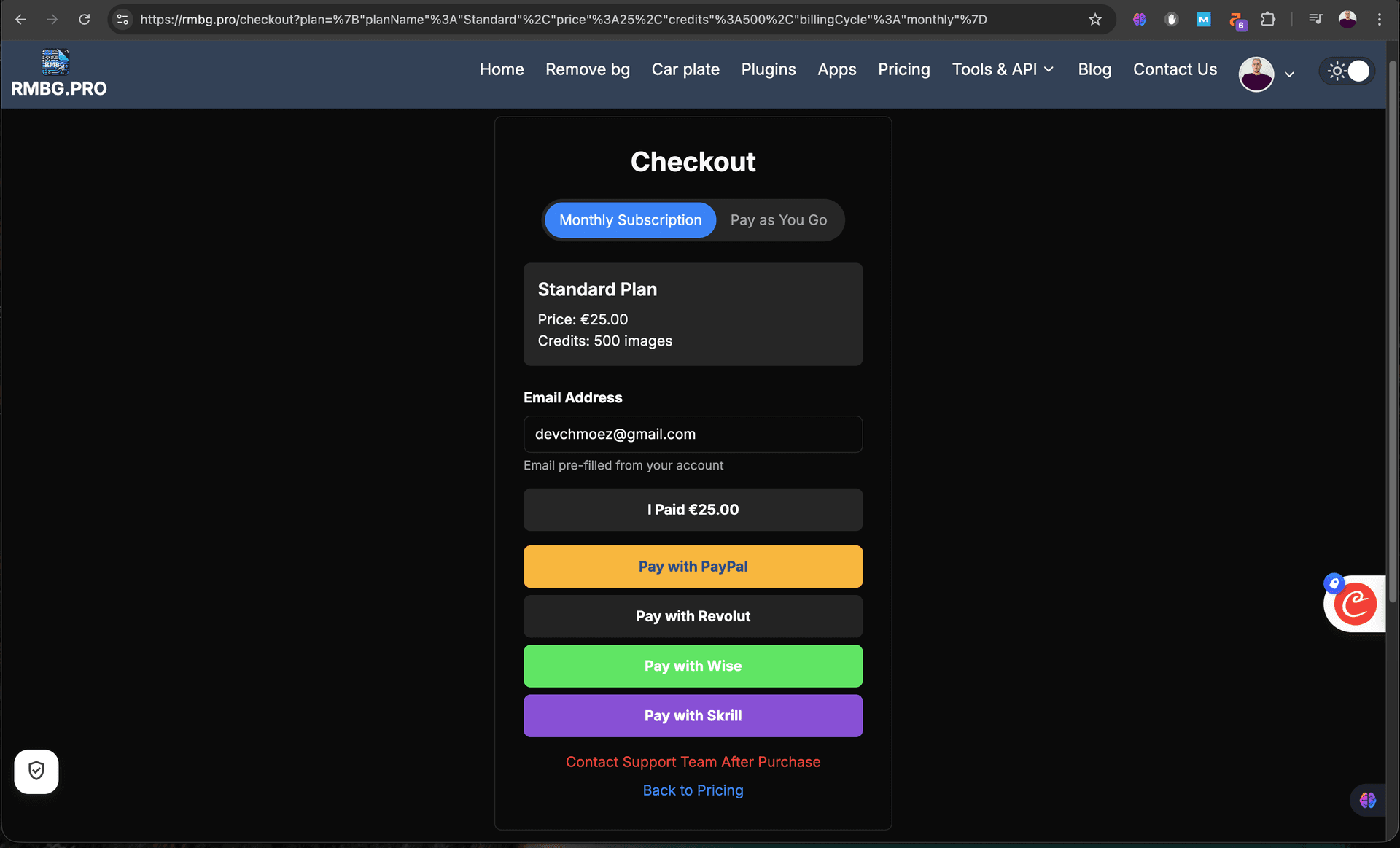 Checkout page with plan preselected