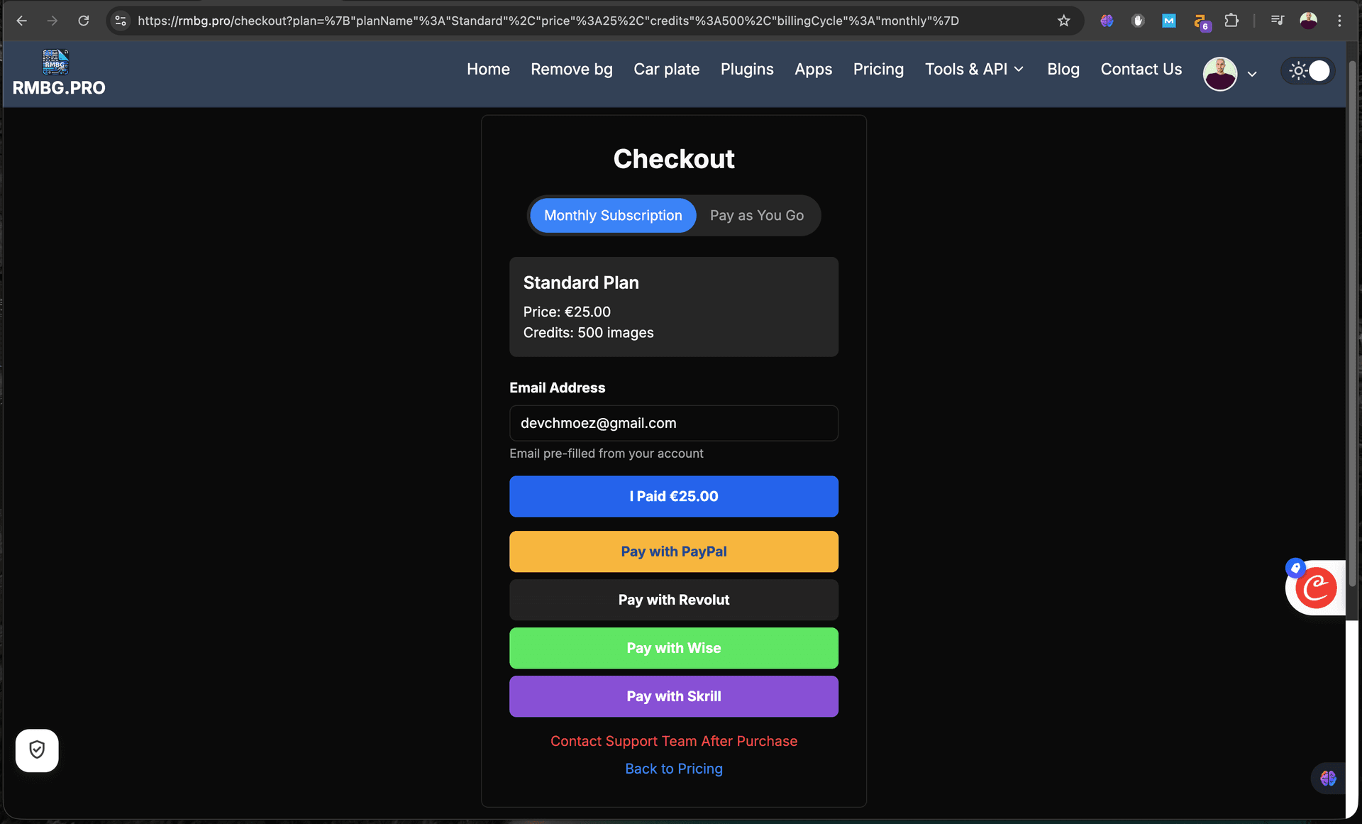 Payment confirmation and I paid button
