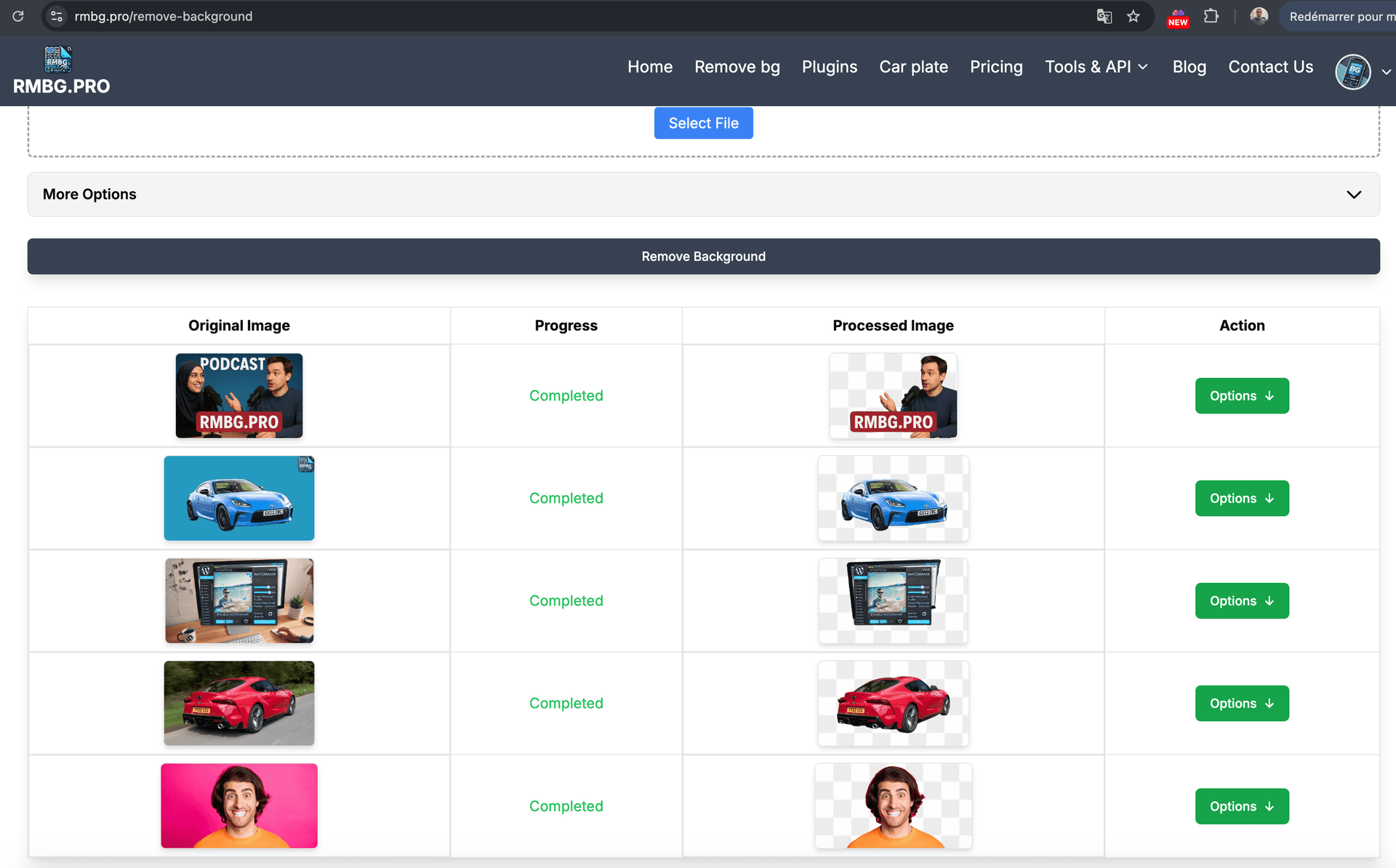 Bulk background removal interface showing multiple images being processed